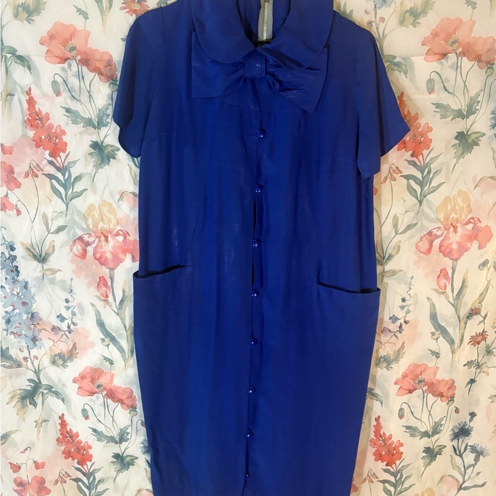 Vintage Handmade Royal Blue Button-Front Shift Dress with Bow Collar